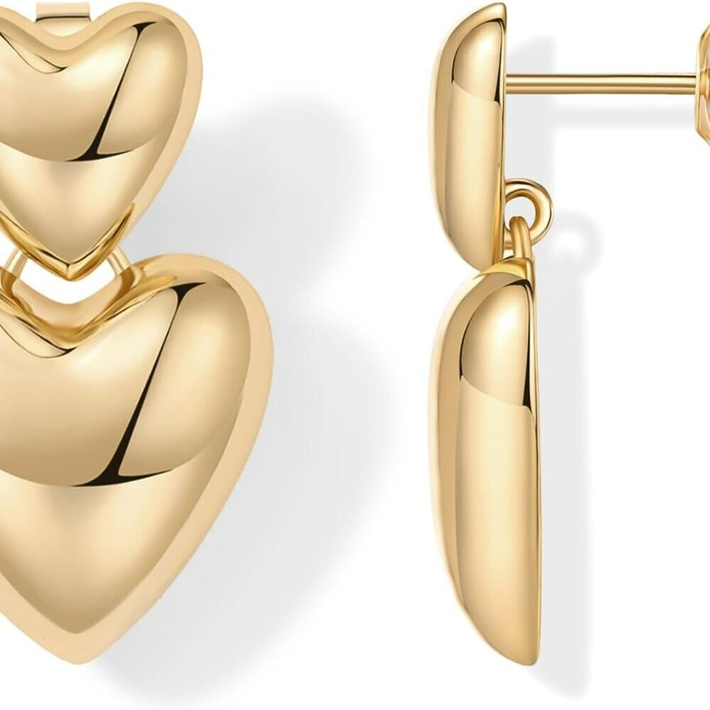 14K Gold Plated Sterling Silver Posts Chunky Heart Statement Earrings for Women